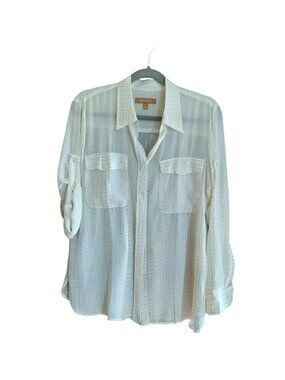 Ellen Tracy White & Gold Polka Dot Sheer Button-Up Blouse S Long Sleeve Collared